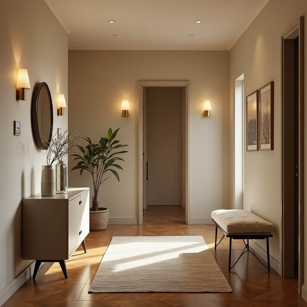 Décoration du couloir moderne et cosy avec éclairage chaleureux, murs beige ornés de cadres et d’un miroir rond, sol en bois poli et tapis élégant, créant une ambiance accueillante et harmonieuse.