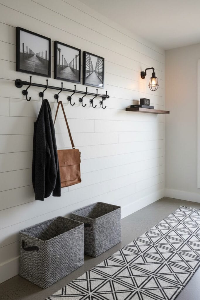 Couloir deco avec patère tuyauterie noire, bacs de rangement tissu, galerie photo carrée, étagère murale et applique industrielle.