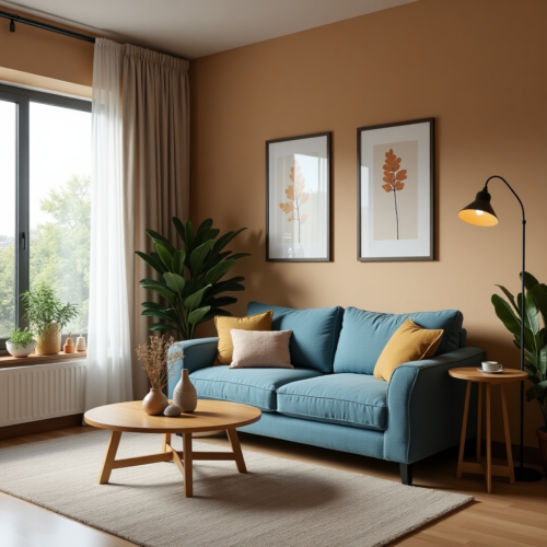 Salon moderne et cosy illustrant la tendance déco 2025 avec un canapé bleu-gris aux courbes douces, une table en bois et des rideaux en lin, créant une ambiance harmonieuse et chaleureuse.