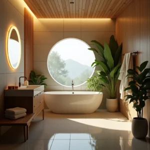 deco salle de bain : Salle de bain cosy et moderne avec une baignoire blanche, des éléments en bois, des plantes vertes et un miroir rond éclairé, créant une ambiance apaisante et harmonieuse.