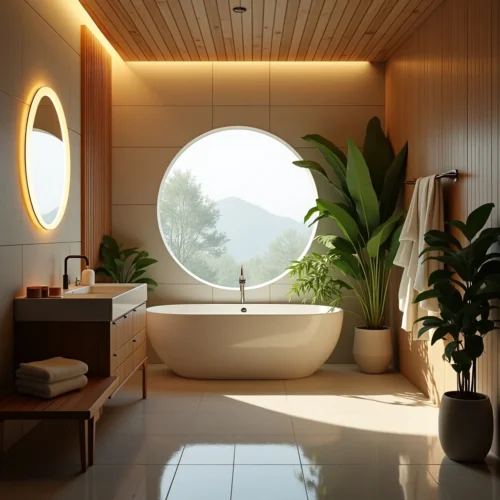 deco salle de bain : Salle de bain cosy et moderne avec une baignoire blanche, des éléments en bois, des plantes vertes et un miroir rond éclairé, créant une ambiance apaisante et harmonieuse.