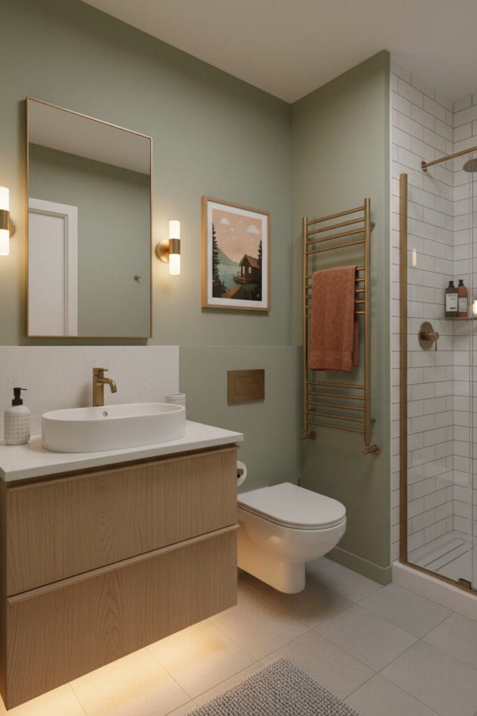 une salle de bain d'appartement avec vasque, miroir, toilettes, radiateur mural et douche, ambiance cosy pour une Deco Salle de Bain.