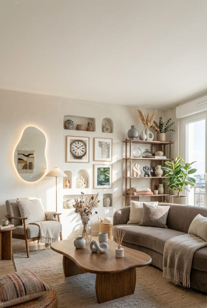Deco salon cosy aux teintes neutres beige gris clair et blanc cassé pour une ambiance sereine et lumineuse