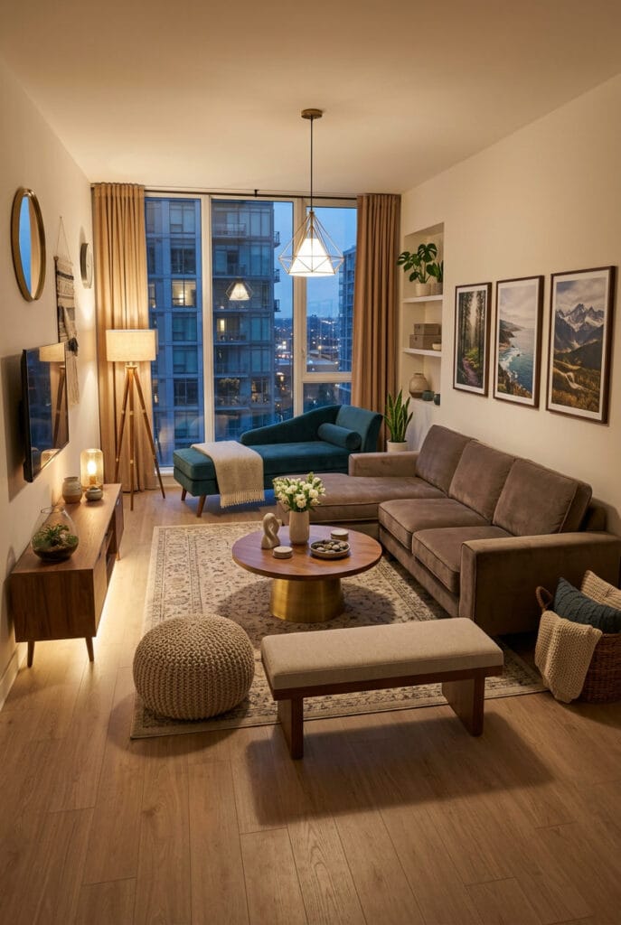 Deco salon cosy avec méridienne fauteuil inclinable et poufs rembourrés pour un espace convivial et enveloppant