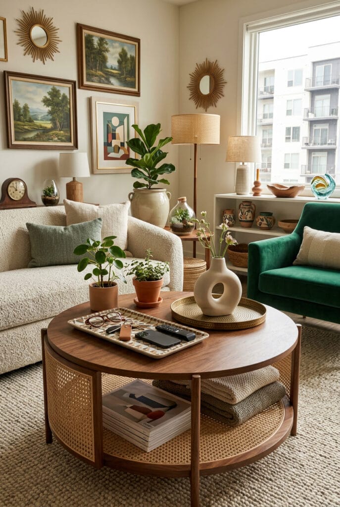 Deco salon cosy avec table basse en bois et rotin plateau céramique ou métal fonctionnelle et esthétique
