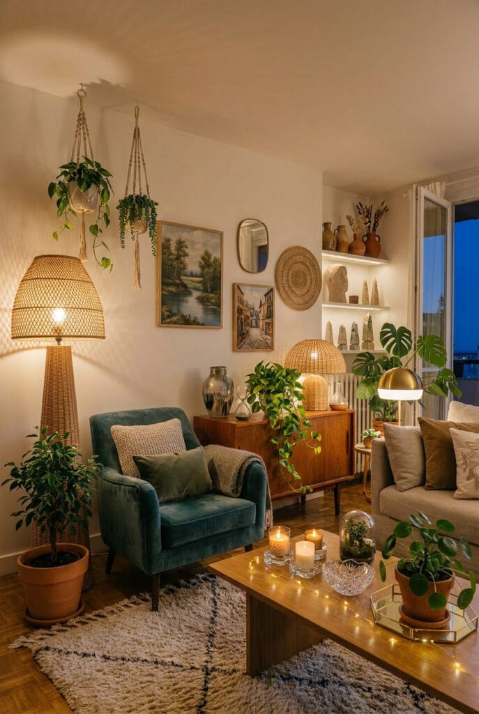 Deco salon cosy avec combinaison de lampes d'appoint lampes de table et lampadaires pour un éclairage doux et chaleureux