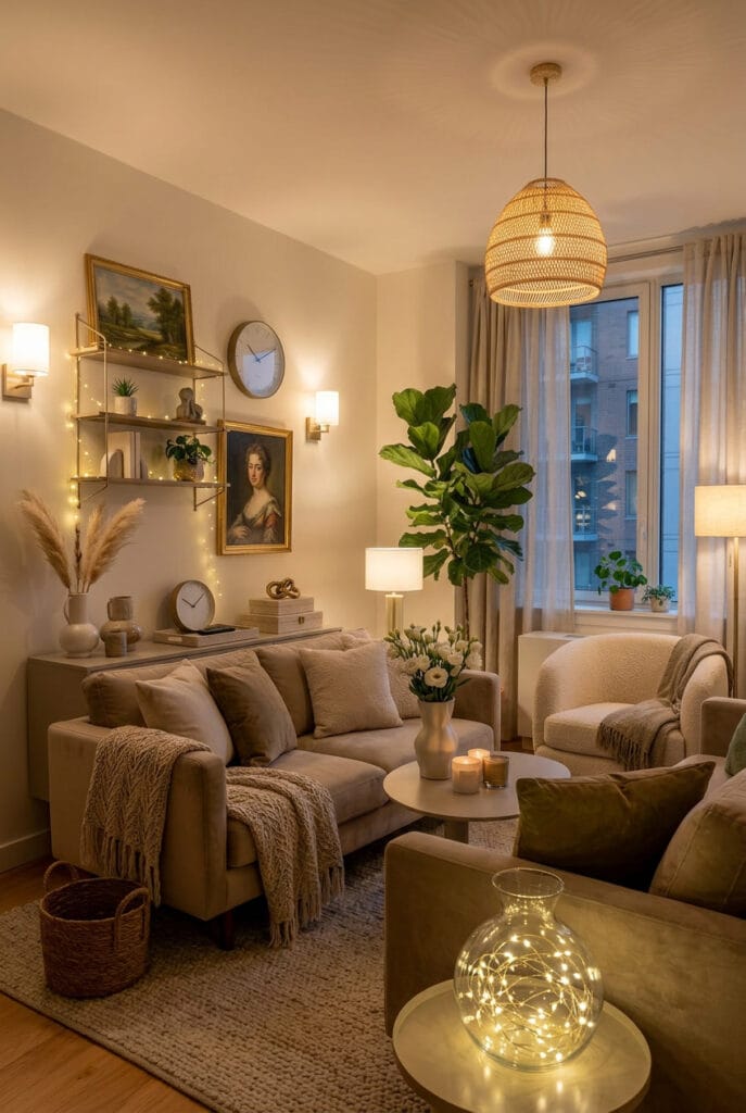 Deco salon cosy avec guirlandes lumineuses suspendues au mur enroulées autour d'une étagère et disposées dans un vase en verre