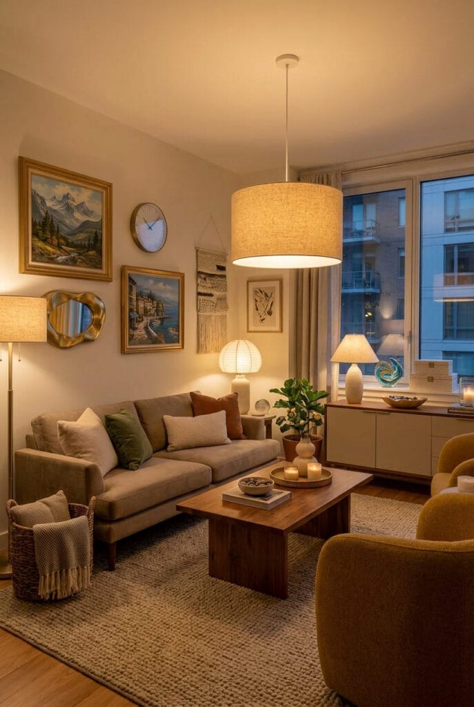 Deco salon cosy avec suspension à abat-jour en tissu au-dessus de la table basse pour un éclairage homogène et chaleureux