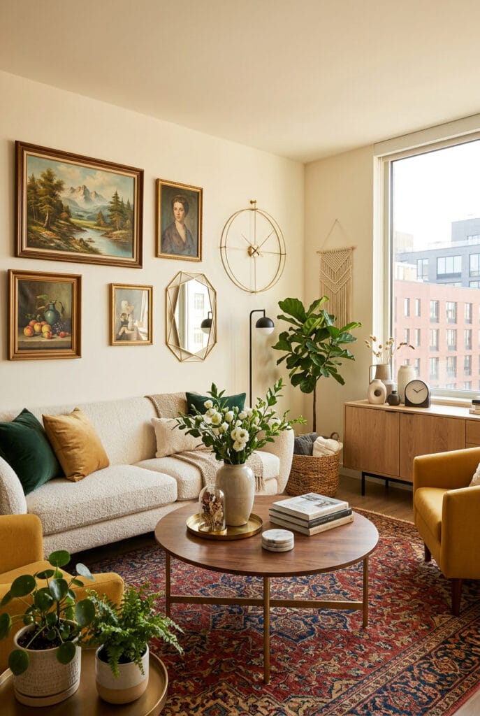 Deco salon cosy avec meuble vintage rétro associé à miroir design et luminaires minimalistes pour un contraste harmonieux