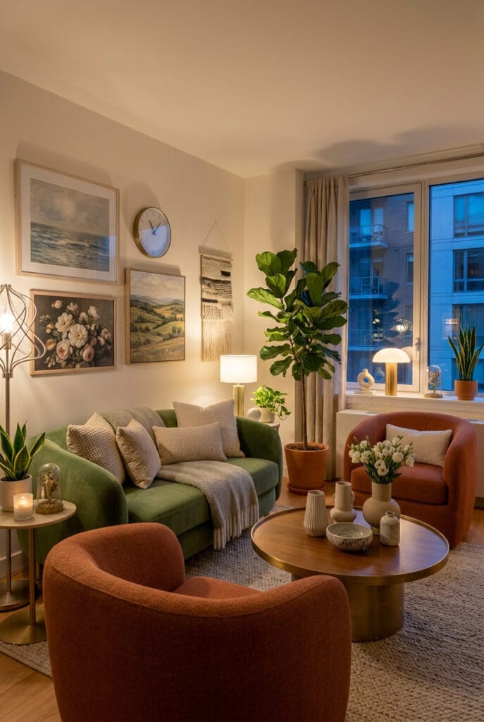 Deco salon cosy avec tableaux et affiches aux teintes douces paysages naturels et compositions florales sur les murs