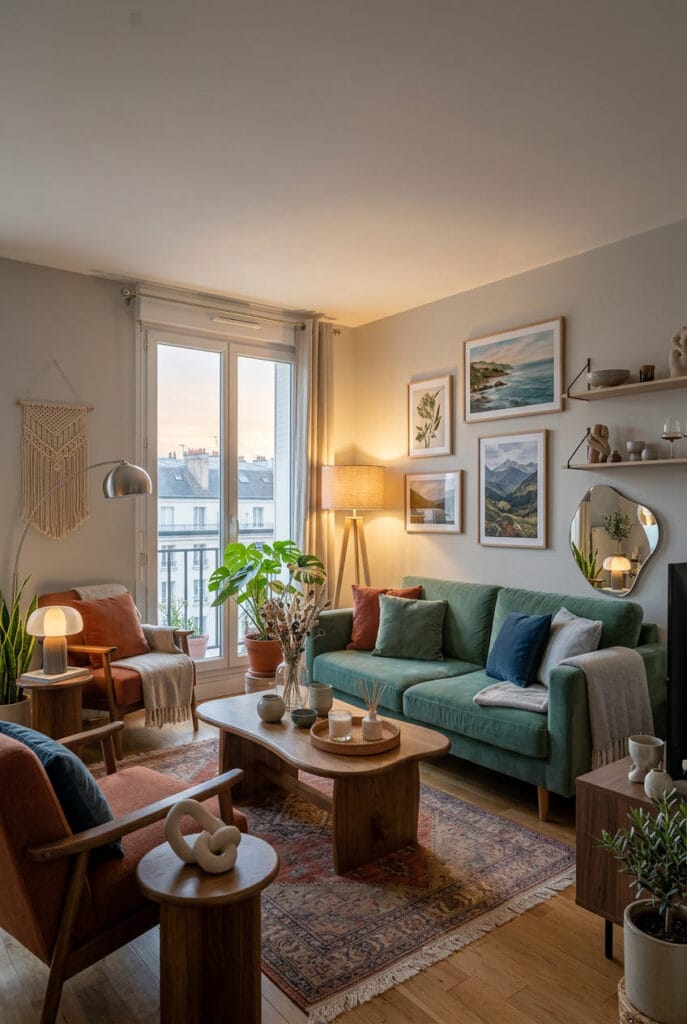 Deco salon cosy avec accents colorés vert sauge bleu profond et terracotta dans coussins vases et œuvres murales