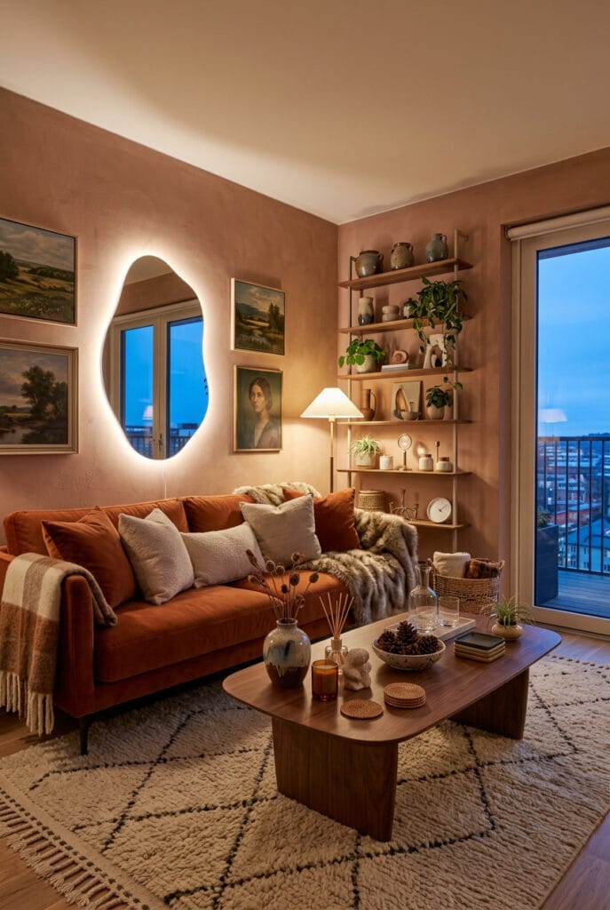 Deco salon cosy avec plaids en laine coussins en velours et tapis berbère épais pour une ambiance cocooning chaleureuse