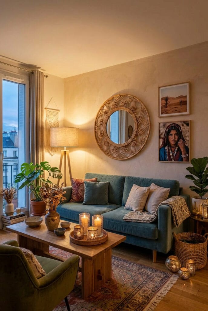 Deco salon cosy avec bougies parfumées et photophores en verre et métal pour une atmosphère sereine et élégante