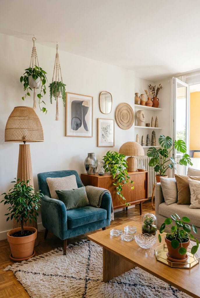 Deco salon cosy avec pothos et monstera dans des pots en céramique suspendus à hauteurs variées pour un effet nature apaisant