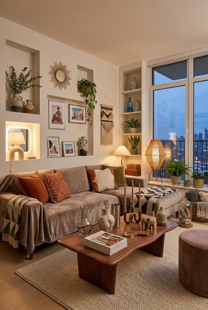 Deco salon cosy avec vases décoratifs artisanaux et modernes sur étagère et table basse avec fleurs séchées