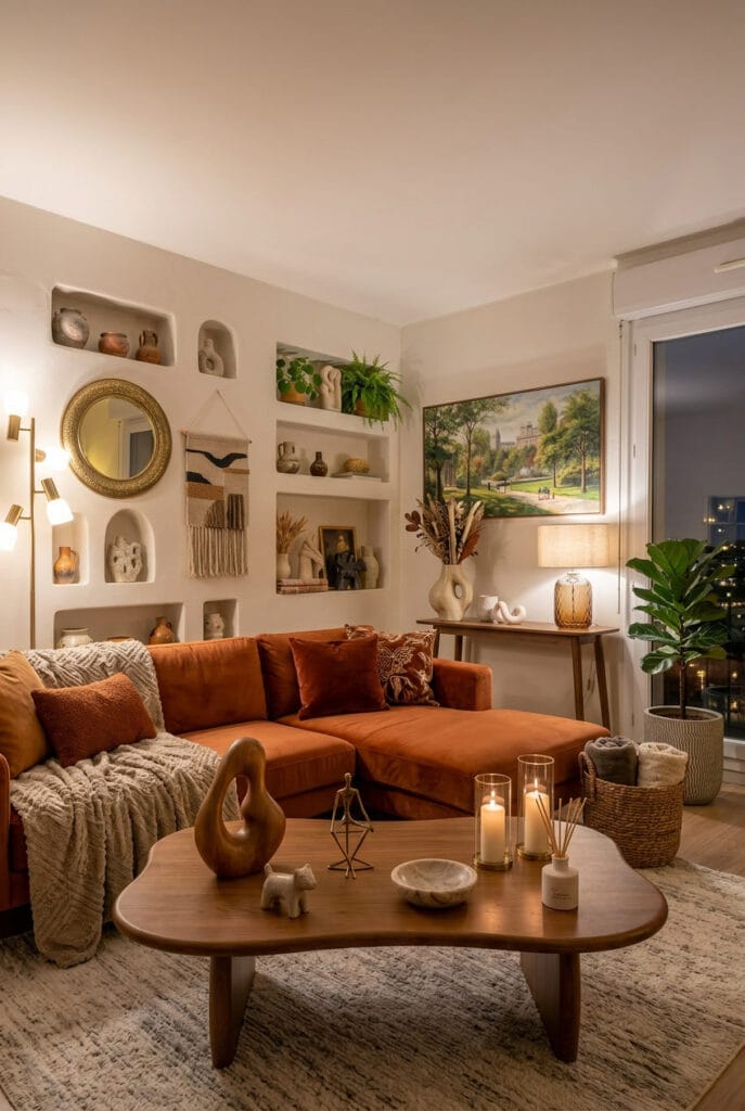 Deco salon cosy avec sculptures et figurines en bois et céramique disposées sur meubles et niches murales