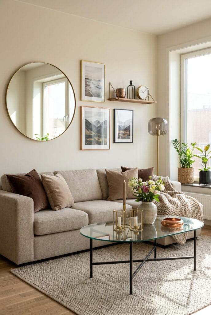 Deco salon cosy avec accessoires en laiton cuivre et métal noir cadres bougeoirs et miroirs pour un éclat moderne