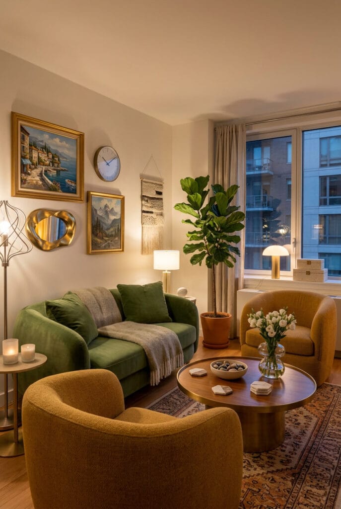 Deco salon cosy avec canapé et fauteuils aux lignes arrondies en velours et coton avec coussins épais enveloppants