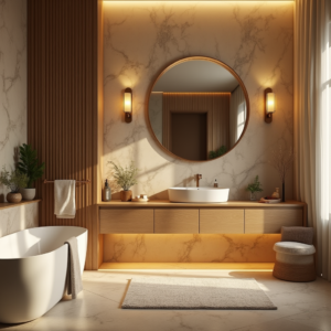 Éclairage salle de bain moderne et cosy avec appliques murales, miroir rond, bandes LED sous la vanité, et ambiance chaleureuse.