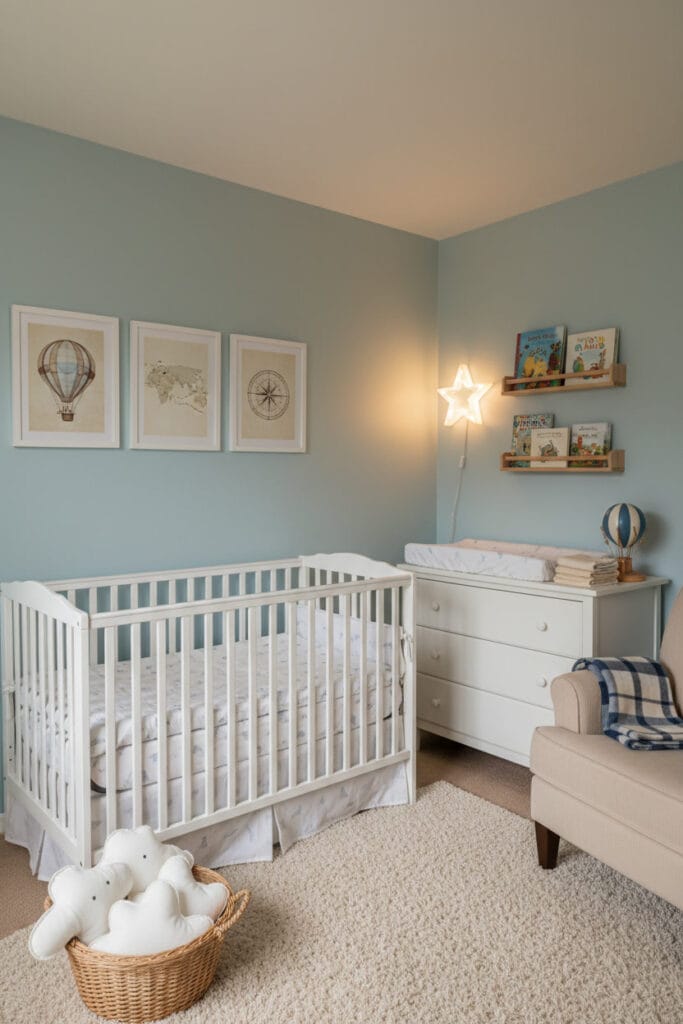 Chambre bebe theme montgolfiere : mur bleu ciel doux, illustrations ballon-carte-boussole, lit motifs nuages, commode organisee, accessoires voyage cosy.