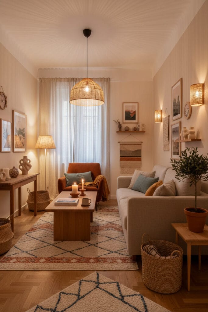 Petit salon cocooning méditerranéen richement décoré dans un appartement, ambiance tamisée de début de soirée, murs cosy et accessoires harmonieux avec couleurs contrastantes uniques.