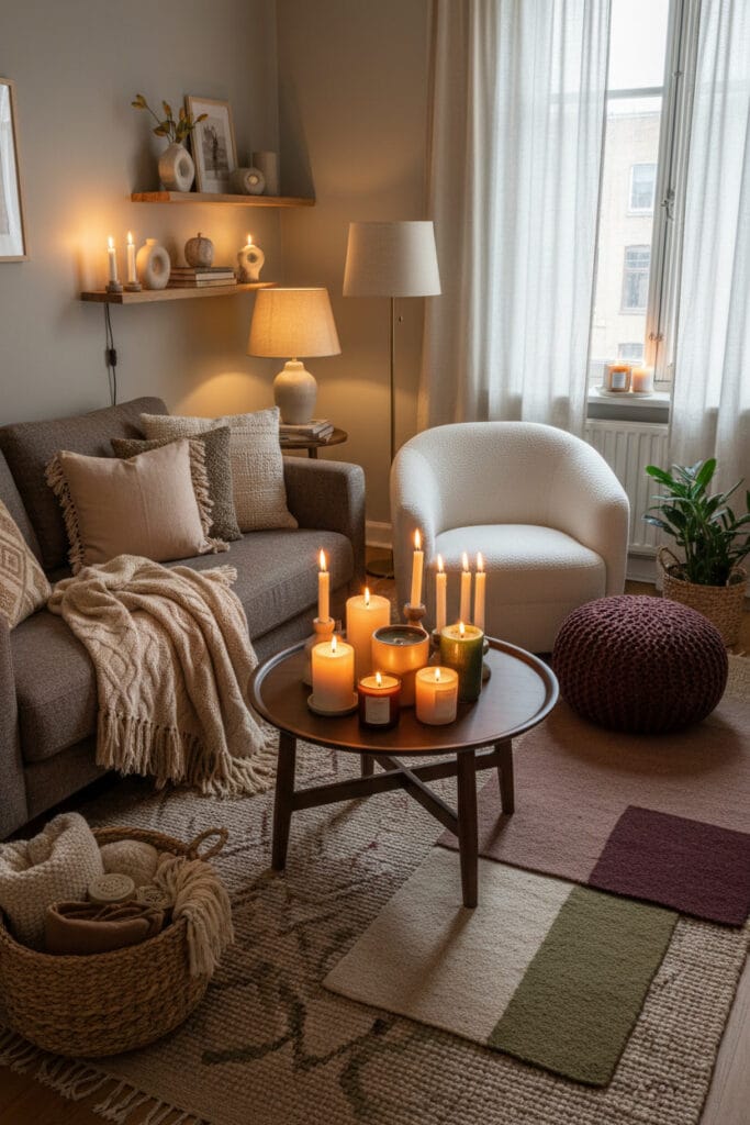 Petit salon Contemporain Chaleureux avec bougies parfumées, accessoires décoratifs et touches de couleurs contrastantes.