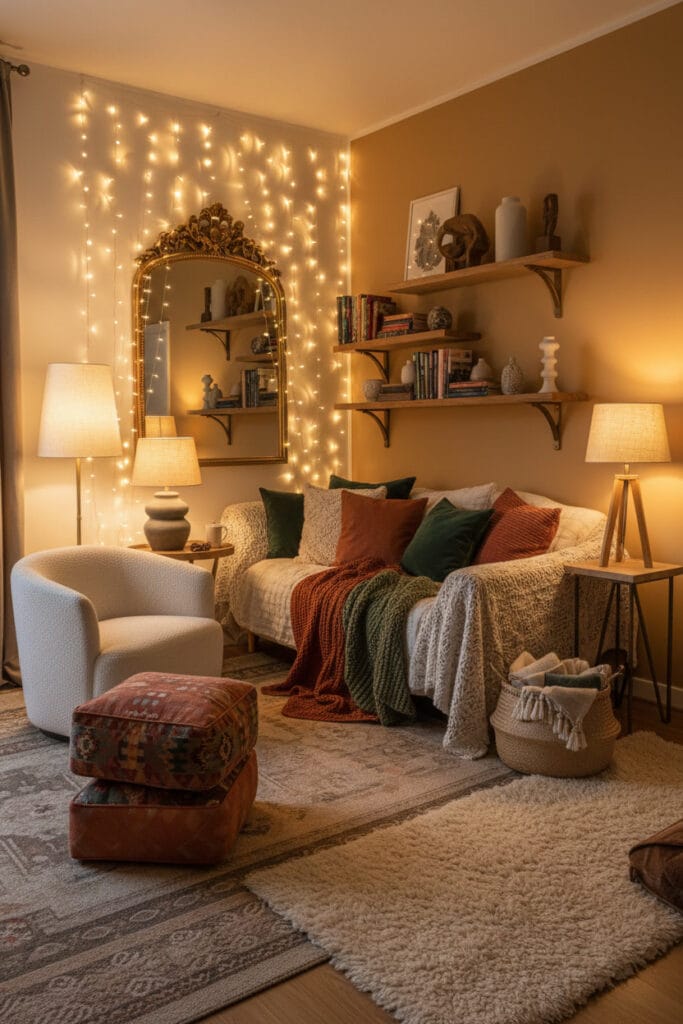 Petit salon Éclectique Chaleureux avec guirlandes lumineuses