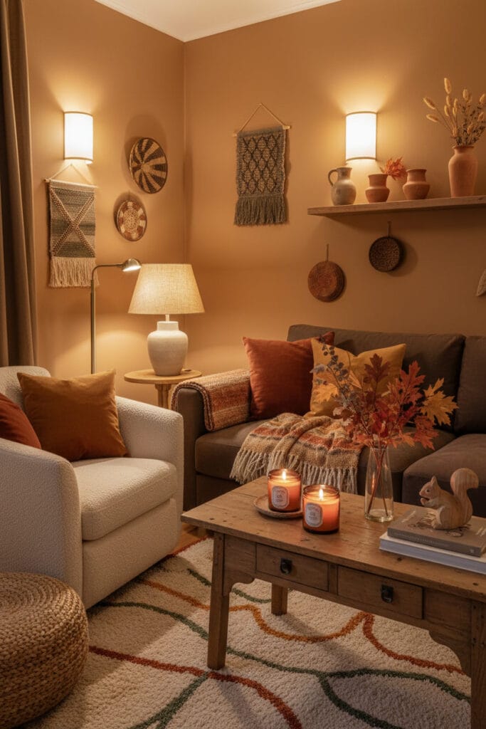 Petit salon Rustique Chic aux tons automnaux avec accessoires décoratifs et touches de chaleur.