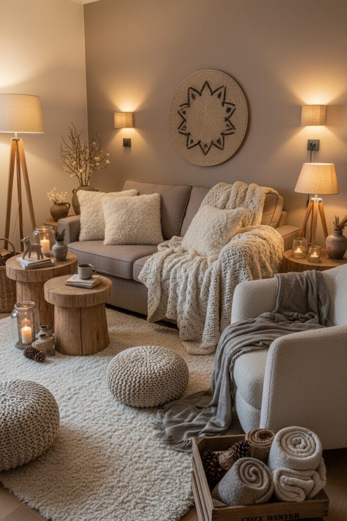 Petit salon Chalet Moderne avec coussins en fausse fourrure, plaids épais et décor hivernal cosy.