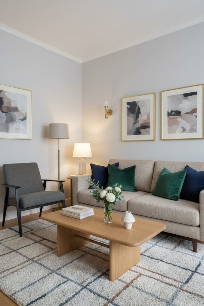 Petit salon Élégance Contemporaine avec meubles épurés, coussins élégants et accessoires décoratifs raffinés.