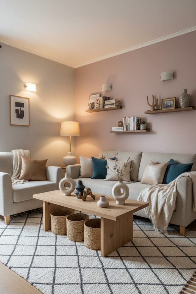 Petit salon Contemporain Élégant avec velours, laine mérinos, soie, bois naturel et accessoires décoratifs raffinés.