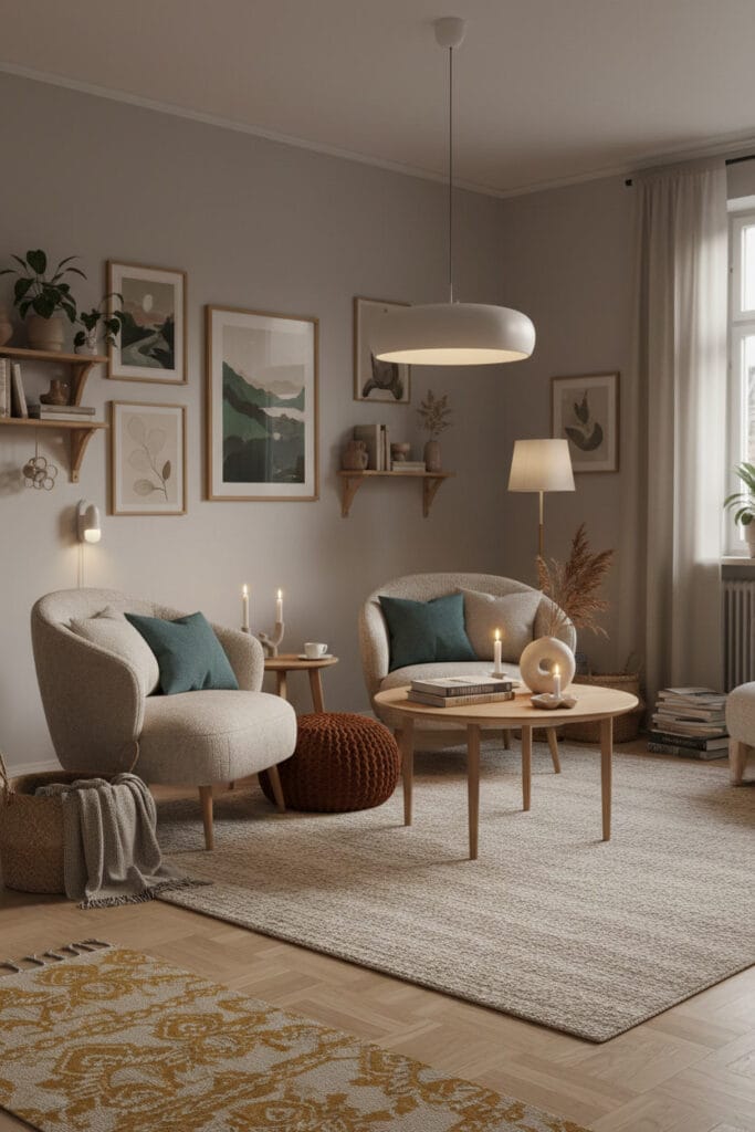 Salon cocooning Scandinave Chic avec fauteuils bouclette élégants dans un petit appartement, ambiance tamisée de soirée, accessoires harmonieux et couleurs contrastantes