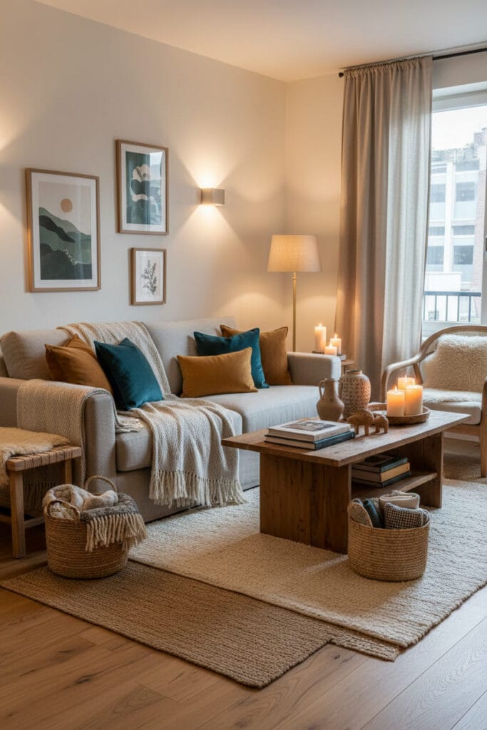 Petit salon Chalet Urbain Cocooning avec plusieurs plaids naturels, accessoires décoratifs harmonieux et touches de couleurs contrastantes