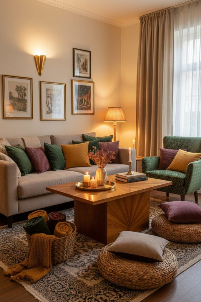 Petit salon Art Déco Chaleureux Cocooning avec coussins variés