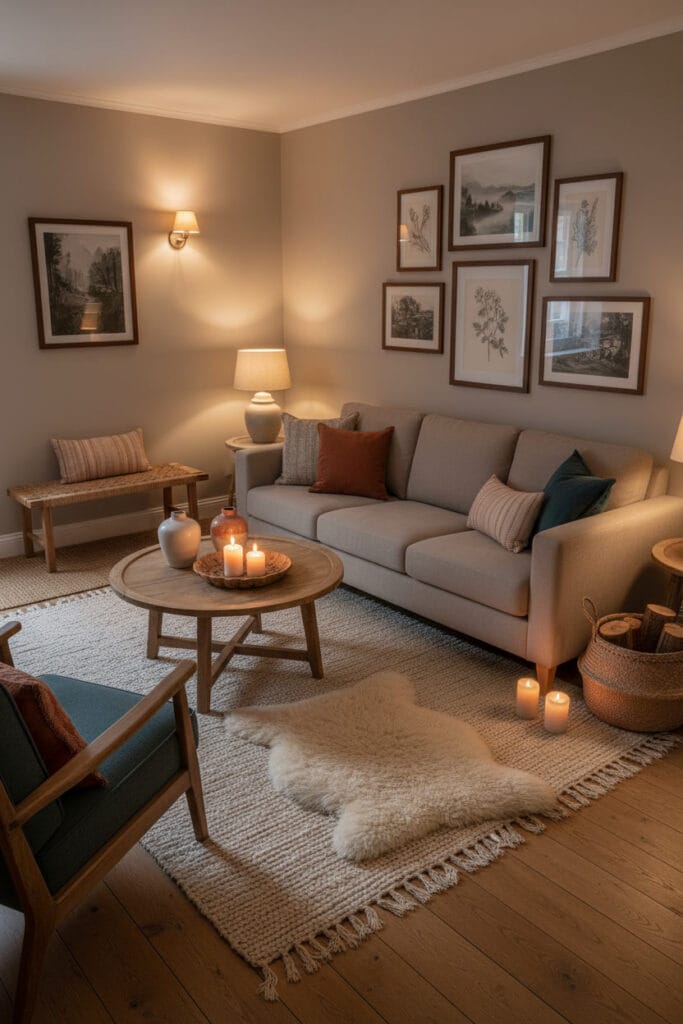 Petit salon Rustique Élégant Cocooning avec tapis épais