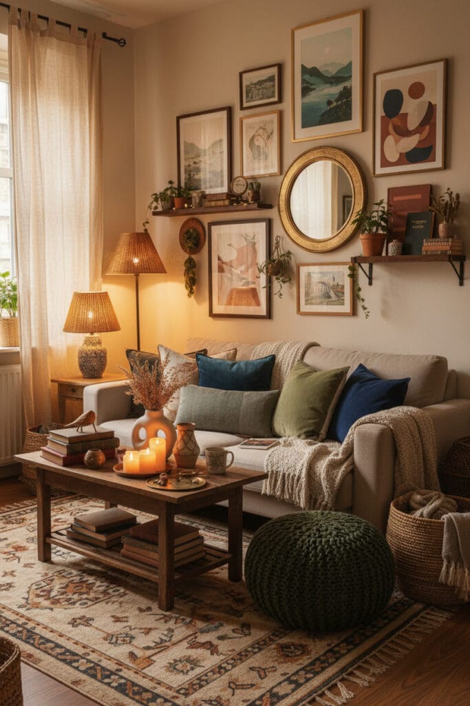 Salon cocooning richement décoré dans un petit appartement, style bohème chic avec accessoires harmonieux, couleurs profondes et ambiance chaleureuse.