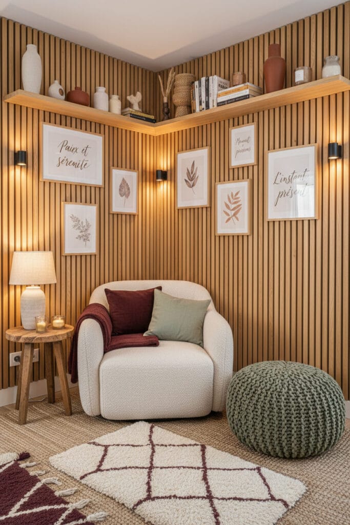 Petit salon Rustique Chic avec mur à tasseaux en bois