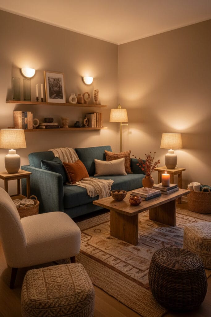 Petit salon Bohème Raffiné avec coin éclairage chaleureux