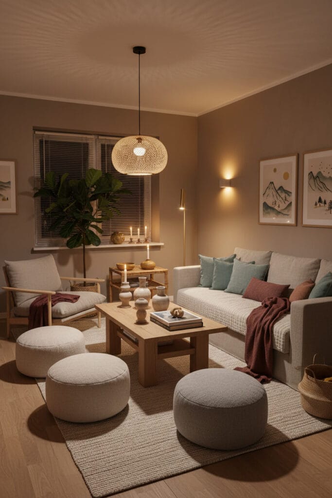 Petit salon cocooning Japandi avec multiples assises, toutes les lumières allumées, appliques murales sans interrupteur, murs taupe cosy, accessoires harmonieux et couleurs contrastantes