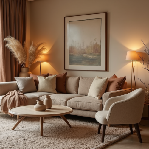 Salon cocooning avec des tons chaleureux, un fauteuil bouclette, une table basse en bois et une lumière douce pour une ambiance cosy et élégante.