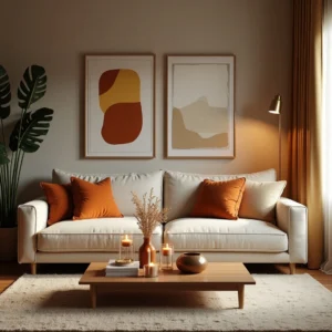 Deco salon cosy avec un canapé en velours beige, des coussins moelleux, un tapis épais et un éclairage doux, créant une ambiance chaleureuse et accueillante.