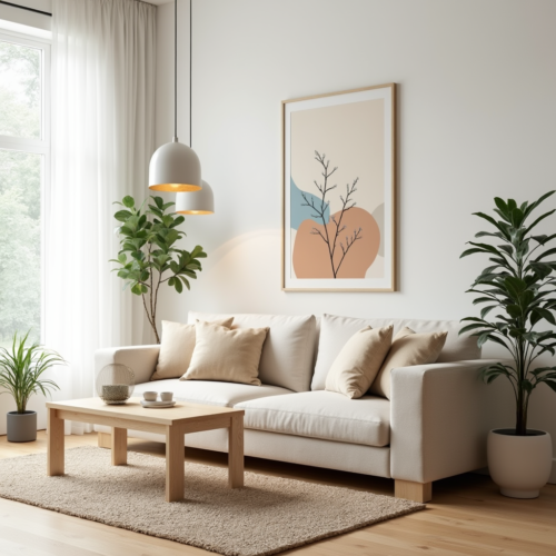 Décoration Scandinave : un salon minimaliste et chaleureux avec un canapé beige, une table en bois clair, un tapis en laine et une lumière naturelle douce créant une ambiance cosy et fonctionnelle.