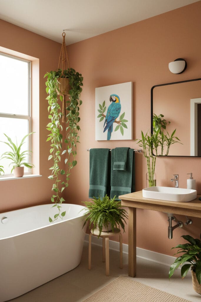Salle de bain style jungle urbaine avec plantes d'intérieur (pothos, fougère, bambou) adaptées à l'humidité, pour une Deco Salle de Bain vivante et cosy.