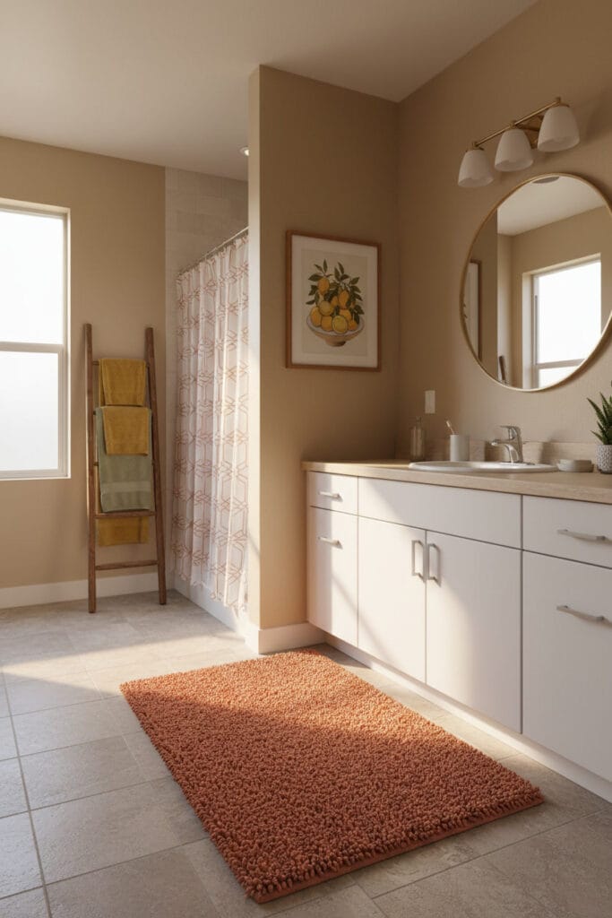 Salle de bain méditerranéenne moderne avec textiles doux : tapis terracotta, rideau de douche motif et serviettes colorées, pour une Deco Salle de Bain cosy.