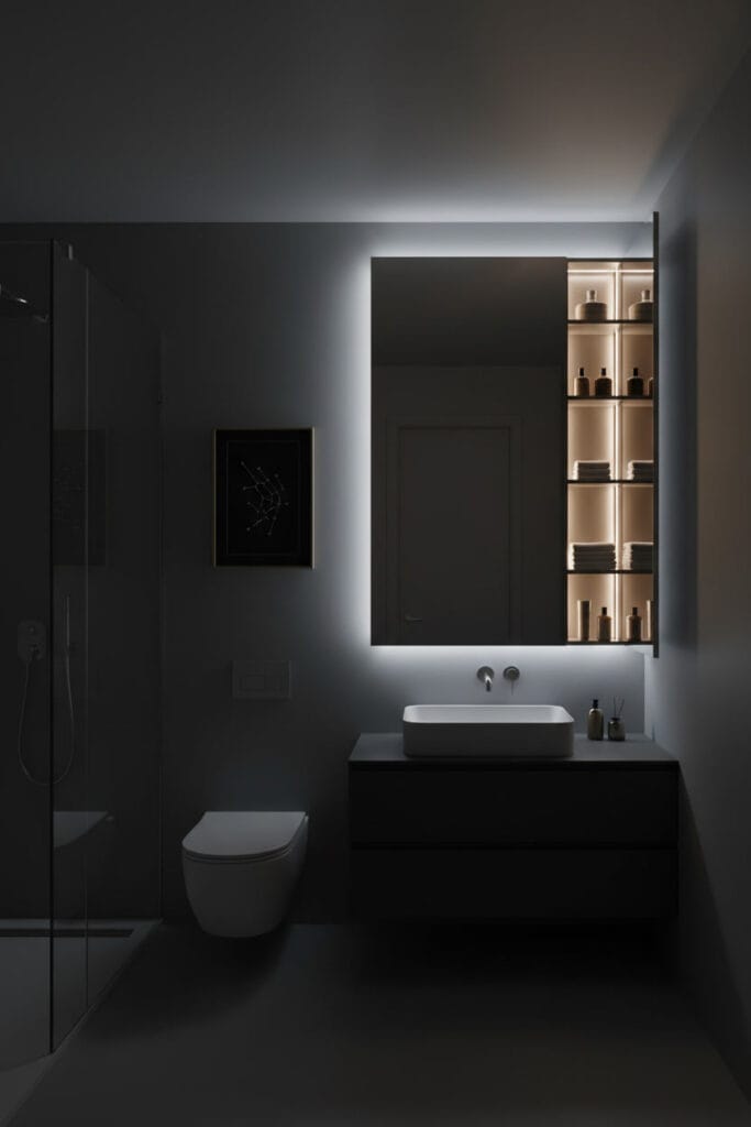 Salle de bain futuriste avec miroir-cabinet à éclairage LED intégré, montrant un rangement organisé, pour une Deco Salle de Bain nocturne et fonctionnelle.
