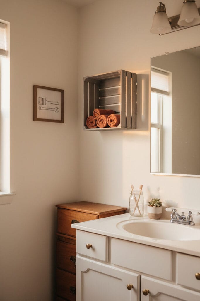 Salle de bain créative avec objets détournés : caisse en bois étagère et pot mason jar, pour une Deco Salle de Bain à petit budget et unique.