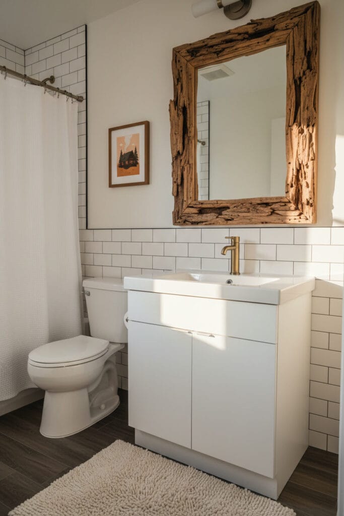 Salle de bain moderne rustique avec miroir en bois flotté, robinetterie laiton et tapis moelleux comme investissements clés, pour une Deco Salle de Bain chaleureuse.