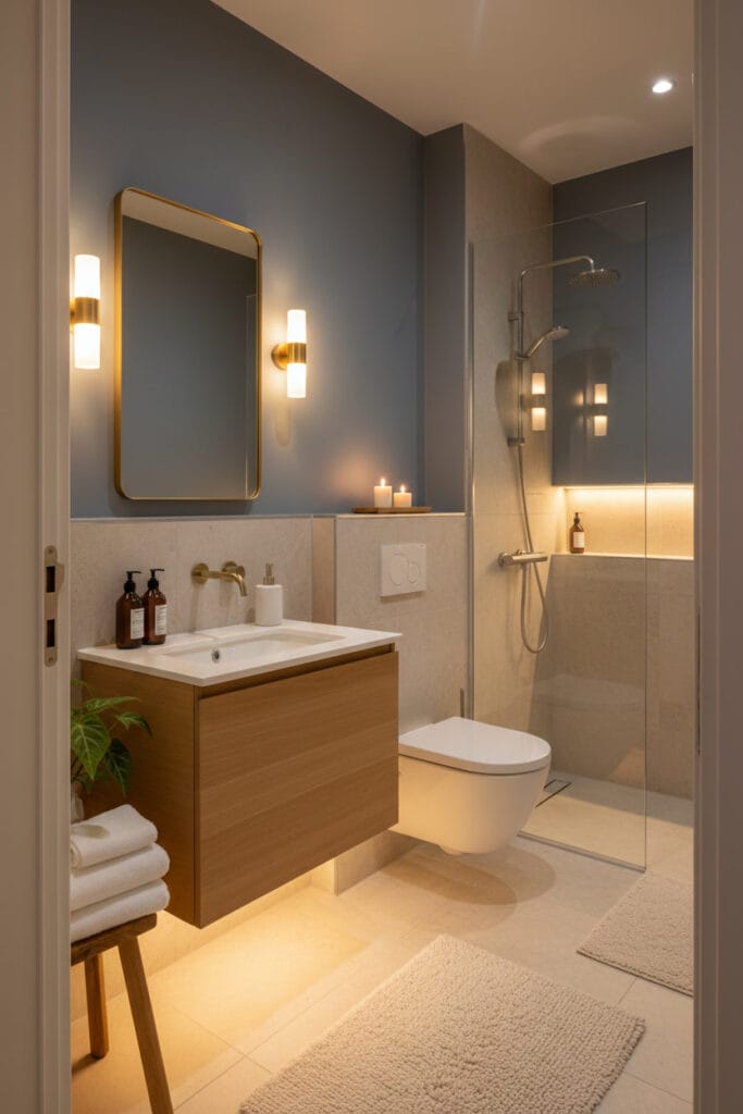 salle de bain d’appartement complète en ambiance soirée cosy, éclairage multi-sources, murs bleu gris, douche vitrée, meuble suspendu en bois et décoration harmonieuse.