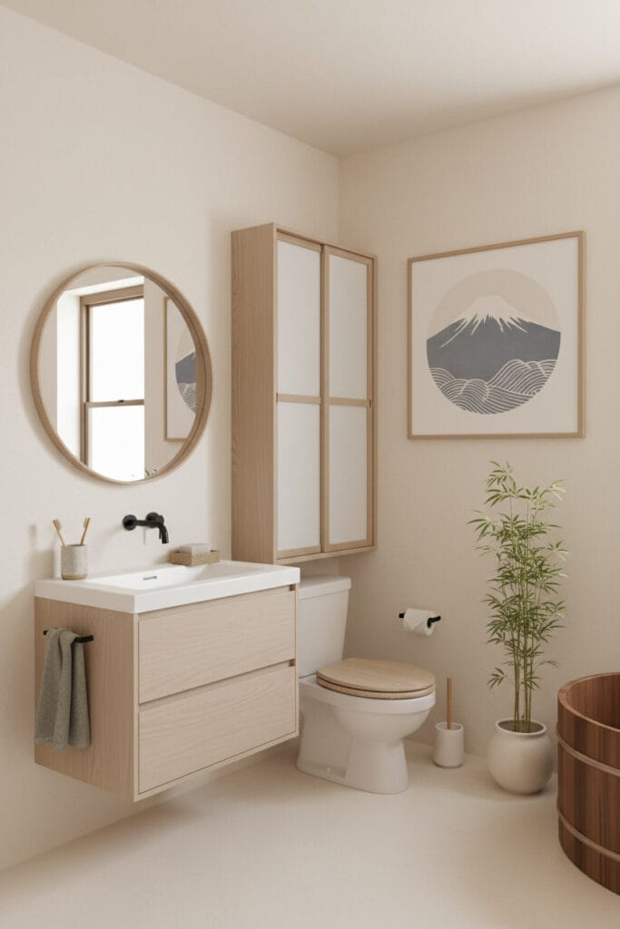 Salle de bain complète dans le style Japandi, alliant bois clair, céramique et lignes épurées pour une Deco Salle de Bain apaisante et fonctionnelle.