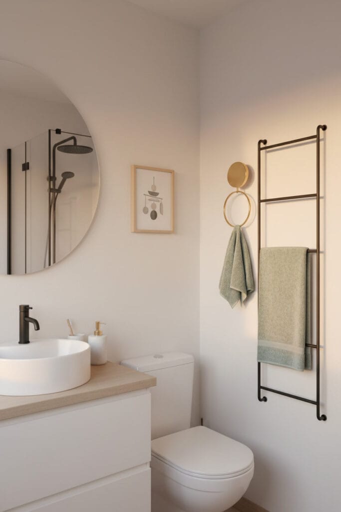 Salle de bain nordique moderne avec échelle porte-serviettes noire et crochets géométriques laiton, pour une Deco Salle de Bain équilibrée et fonctionnelle.